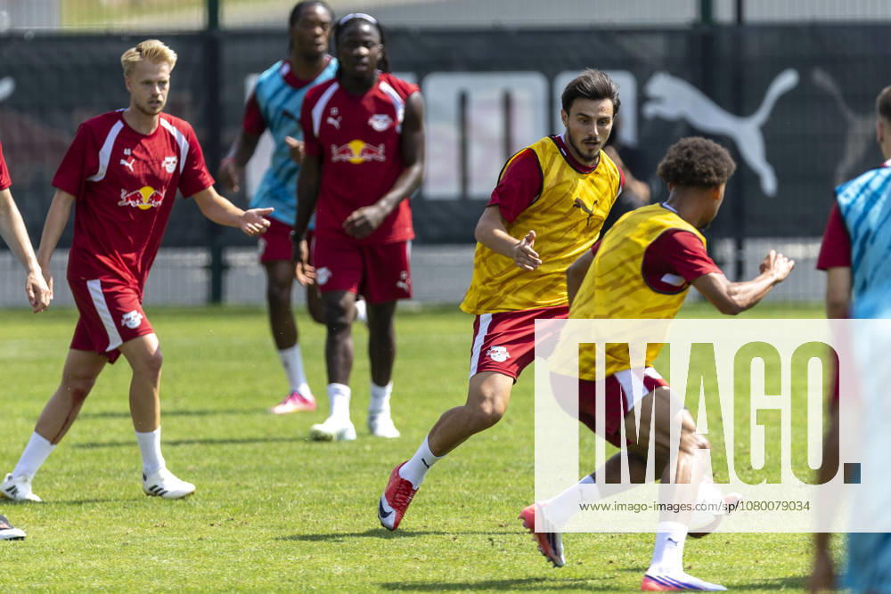 GER, Leipzig, Soccer, Press Conference, Start of Training, Open-to-the-Media Training Session (Pictured, from left: Eljif Elmas, RB Leipzig), Tackle, July 13, 2026, RB Leipzig Training Academy, Cottaweg, Leipzig; DFL and DFB regulations prohibit any use of photographs as image sequences and or quasi-video,