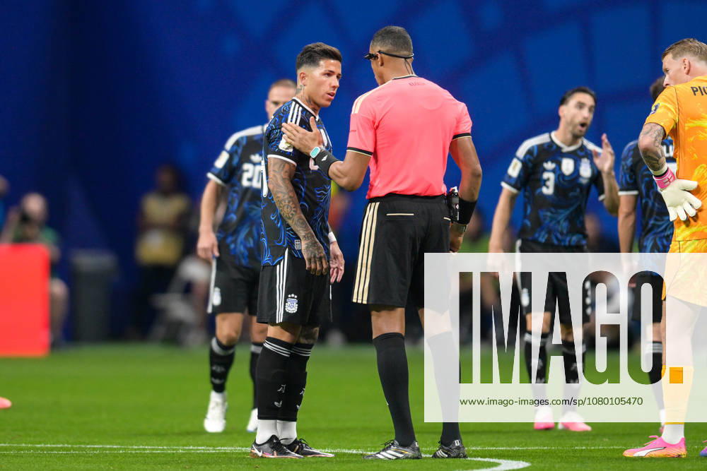 Soccer, 2026 World Cup, 20260715, England vs. Argentina. Pictured, from left: Enzo FERNANDEZ of Argentina, 24; referee Ismail ELFATH; Atlanta, Georgia; United States of America