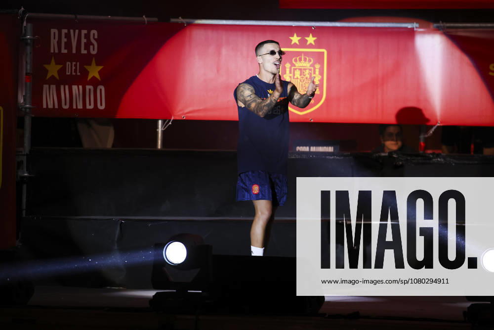 ESP Spain Celebrates 2026 World Cup Champions: Alejandro Grimaldo takes the stage at Plaza de Cibeles in Madrid, celebrating with his teammates after winning the World Cup Madrid Madrid Spain