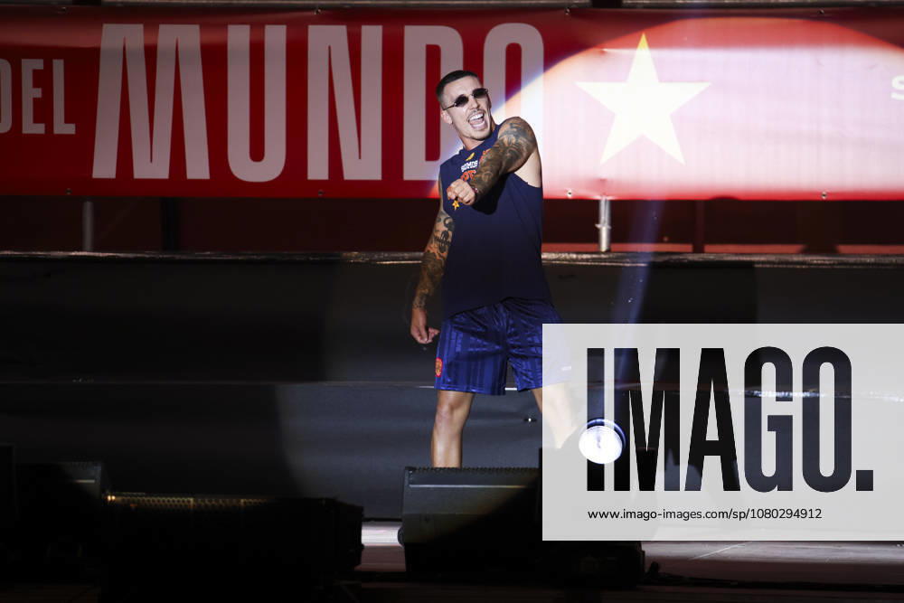 ESP Spain Celebrates 2026 World Cup Champions: Alejandro Grimaldo takes the stage at Plaza de Cibeles in Madrid, celebrating with his teammates after winning the World Cup Madrid Madrid Spain