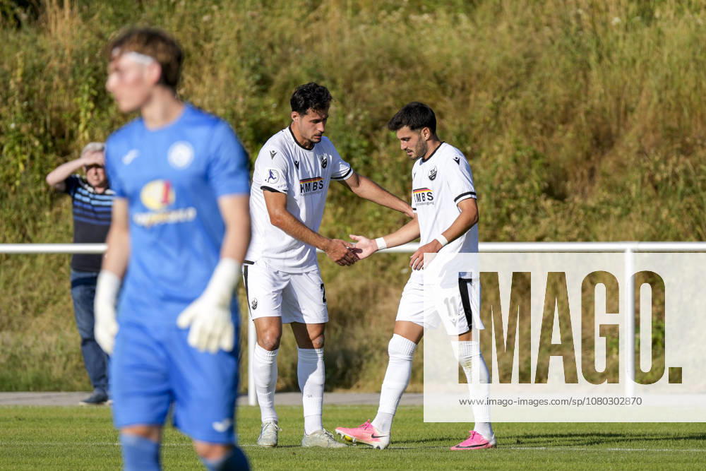 From left: Lukas Mazagg (SVS), 21, goal scorer Mert Tasdelen (SVS), 11, and a player from SV Sandhausen (SVS) celebrate the goal that made it 0–2, Celebration, goal celebration, goal scored, celebrating the goal, goal, celebration, celebrating the goal, joy, happiness, happy, optimistic, positive, game scene, highlight, action, July 21, 2026, Eppelheim, Germany, soccer, friendly match, ASV Eppelheim vs. SV Sandhausen