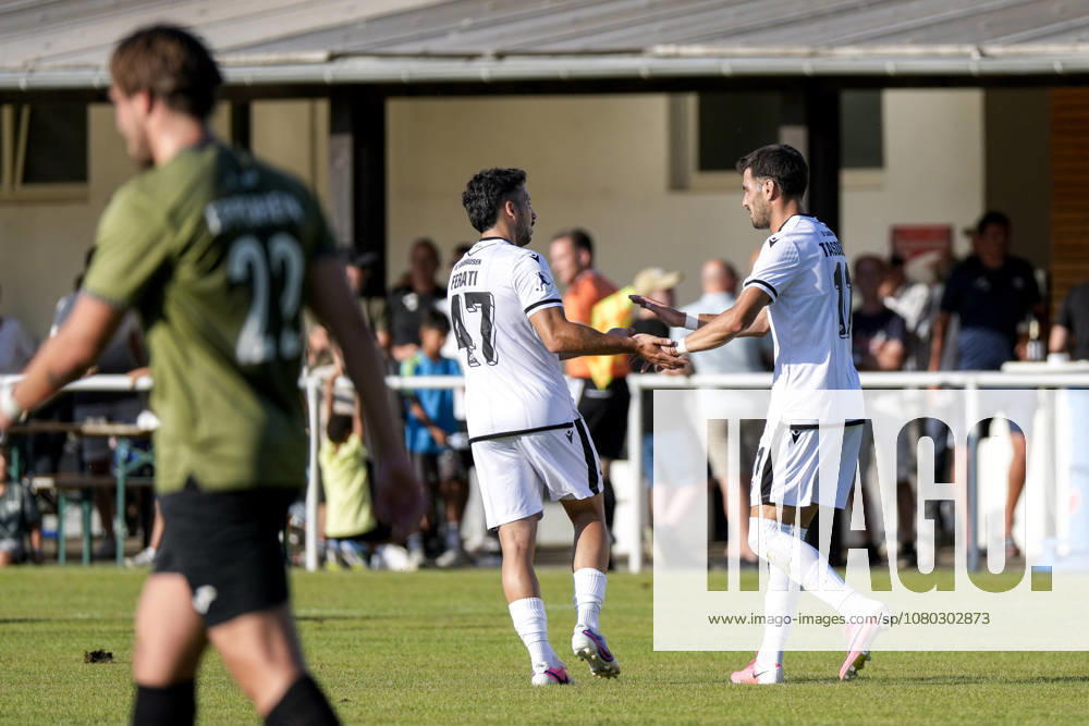 V li Arianit Ferati (SVS), 47, goal scorer Mert Tasdelen (SVS), 11, players from SV Sandhausen (SVS), celebrating the goal that made it 0–2, Celebration, goal celebration, goal scored, celebrating the goal, goal, celebration, celebrating the goal, joy, happiness, happy, optimistic, positive, game scene, highlight, action, July 21, 2026, Eppelheim, Germany, soccer, friendly match, ASV Eppelheim vs. SV Sandhausen