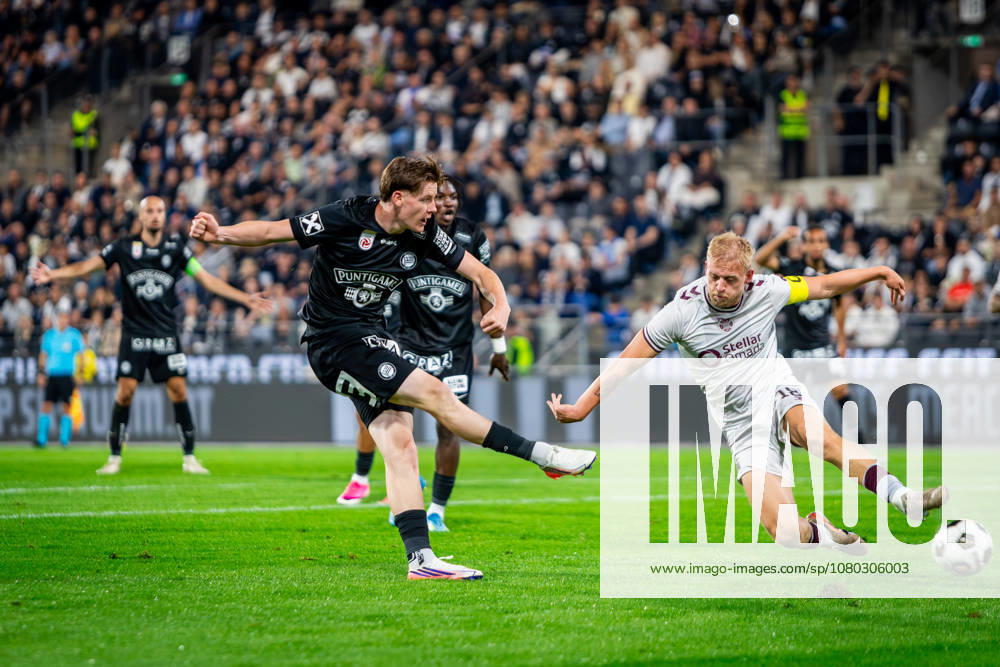 STURM GRAZ - HEARTS Luca Weinhandl of Sturm scores a goal during the first leg of second qualifying round of UEFA Champions League football match between Sturm Graz and Heart of Midlothian FC at the Merkur Arena (Stadion Graz Liebenau). Graz, Austria, July 21, 2026. Photo by Branislav Racko
