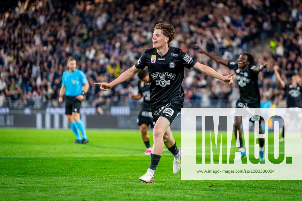 STURM GRAZ - HEARTS Luca Weinhandl of Sturm celebrates a goal a goal during the first leg of second qualifying round of UEFA Champions League football match between Sturm Graz and Heart of Midlothian FC at the Merkur Arena (Stadion Graz Liebenau). Graz, Austria, July 21, 2026. Photo by Branislav Racko