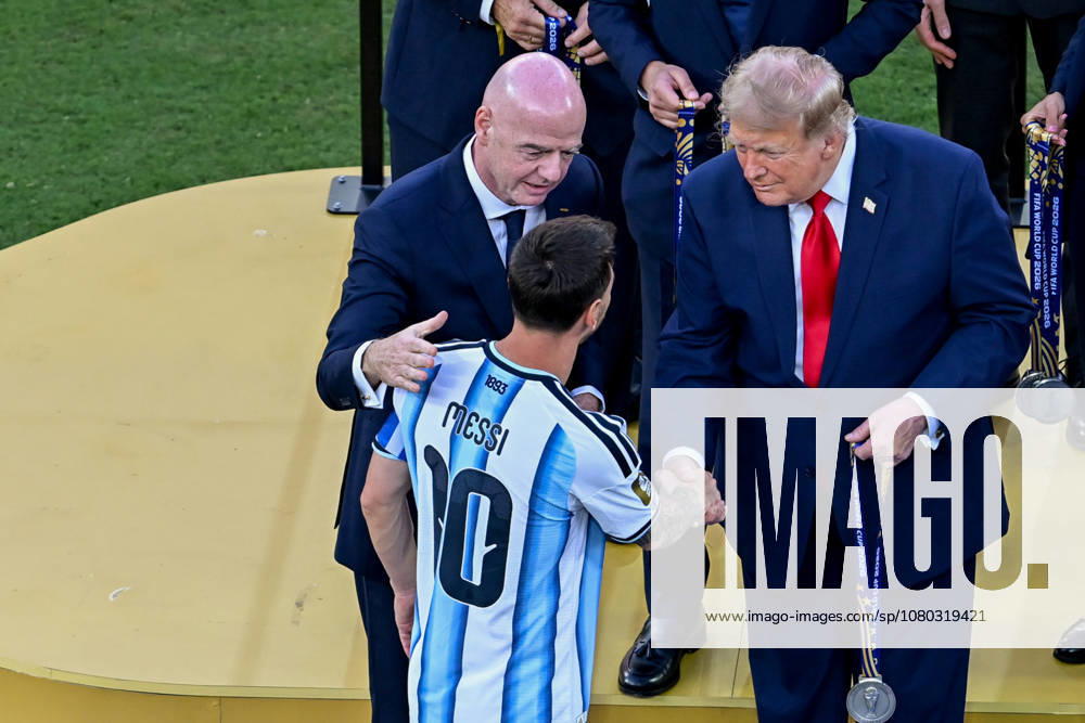 Spain v Argentina: Final - FIFA World Cup, WM, Weltmeisterschaft, Fussball 2026 Lionel Messi of Argentina, Gianni Infantino, president of FIFA, and Donald Trump, US president, are pictured after the 2026 FIFA World Cup final match between Spain and Argentina at the New York New Jersey Stadium in East Rutherford, New Jersey, on July 19, 2026. New York New Jersey United States