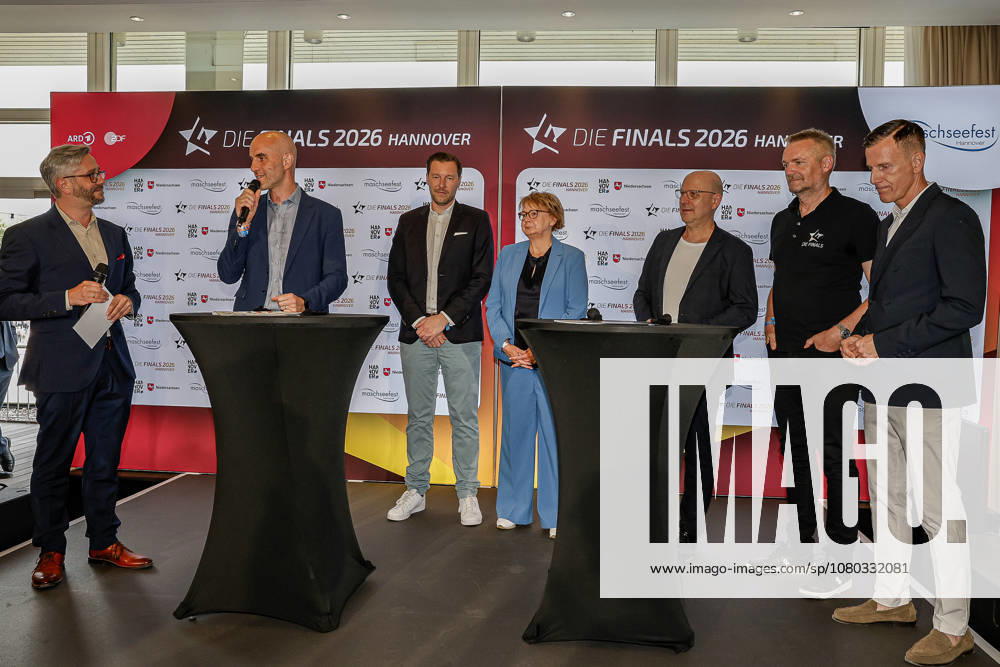 The 2026 Finals in Hanover: Opening Ceremony, The Finals Hannover 2026, presentation of the 24 sports; reception for invited guests and panel discussion at the adjacent Courtyard Hotel; from left to right: Jan Sedelis, host Belit Onay, Mayor of the State Capital of Hannover Christian Katz, Daniela Behrens, Member of the State Parliament (HMTG); Jens Palandt, Lower Saxony Minister of the Interior and Sports; Hagen Boßdorf, First Regional Councilor of the Hanover Region; AndrÃ Lawiszus, Managing Director of Finals GmbH; organizer of the Maschsee Festival and Managing Director of HVG Hannover Maschsee, North Shore of Lower Saxony, Hanover Region, Germany