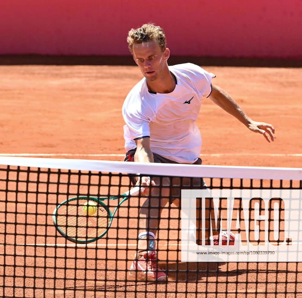 ATP 250 Estoril Open Tennis Tournament Round of 16: Luca Van Assche vs. Pablo Carreno Busta ESTORIL, LISBON, PORTUGAL JULY 23, 2026 Luca Van Assche of France during his match against Pablo Carreno Busta of Spain in the Round of 16 at the ATP 250 Estoril Open at the Estoril Tennis Club, hitting a volley. Estoril, Estoril Tennis Club, Lisbon, Portugal