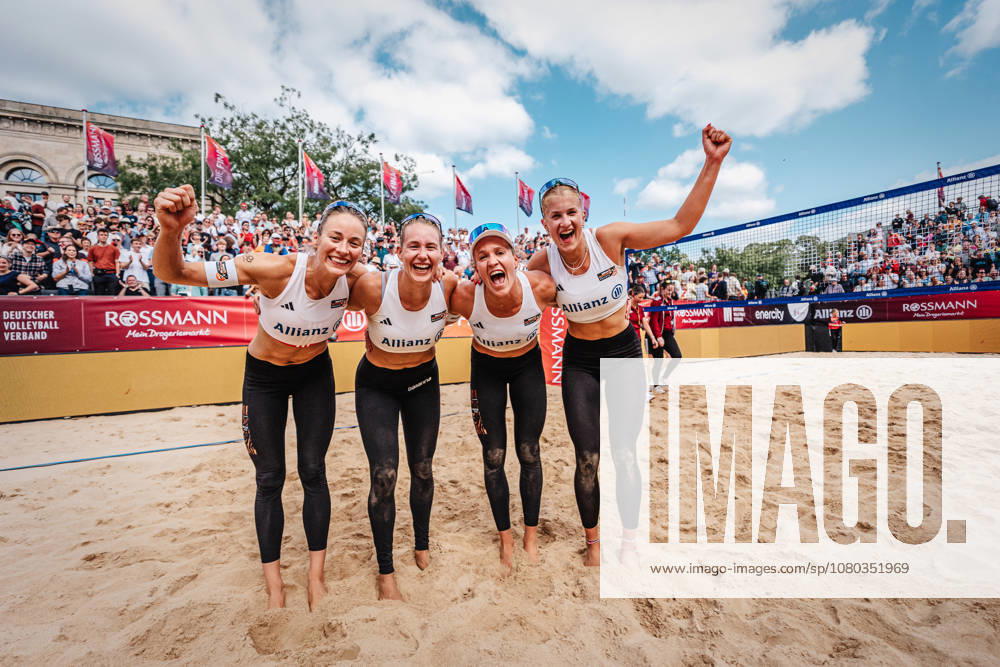 Women s Beach Volleyball Allianz German Beach Club Finals: The 2026 Finals, Hanover vs. Berlin Recycling Volleys vs. Beachclub Kiel, July 23, 2026. From left: Louisa Lippmann, Tabea Schwarz, Melanie Paul, and Mareet Maidhof celebrate their victory at Opernplatz in Hanover, Lower Saxony, Germany.
