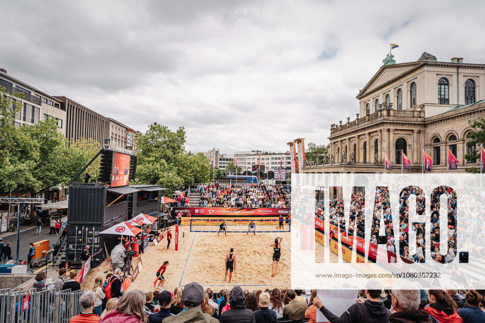 Men s Beach Volleyball Allianz German Beach Club Finals: The 2026 Finals in Hanover—Eintracht Spontent vs. Beachclub Kiel, July 23, 2026. The sold-out stadium on Opernplatz—wide shot. Hanover, Opernplatz, Lower Saxony, Germany