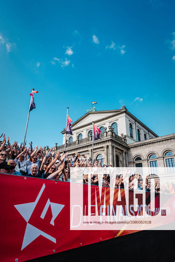 Men s Beach Volleyball: Allianz German Beach Club Finals—The 2026 Finals in Hanover: Hauptstadt Beacher vs. Beachvolley United, July 23, 2026. A packed grandstand at the stadium on Opernplatz in Hanover, Lower Saxony, Germany