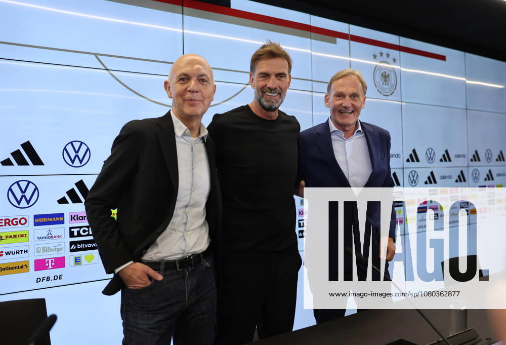 DFB Soccer Press Conference, Introduction of the new national team coach Jürgen Klopp; from left: DFB President Bernd Neuendorf, Jürgen Klopp, national team coach, 1 DFB Vice President Hans Joachim Watzke, German national soccer team, DFB, DFL. DFB REGULATIONS PROHIBIT ANY USE OF PHOTOGRAPHS AS IMAGE SEQUENCES AND OR QUASI-VIDEO