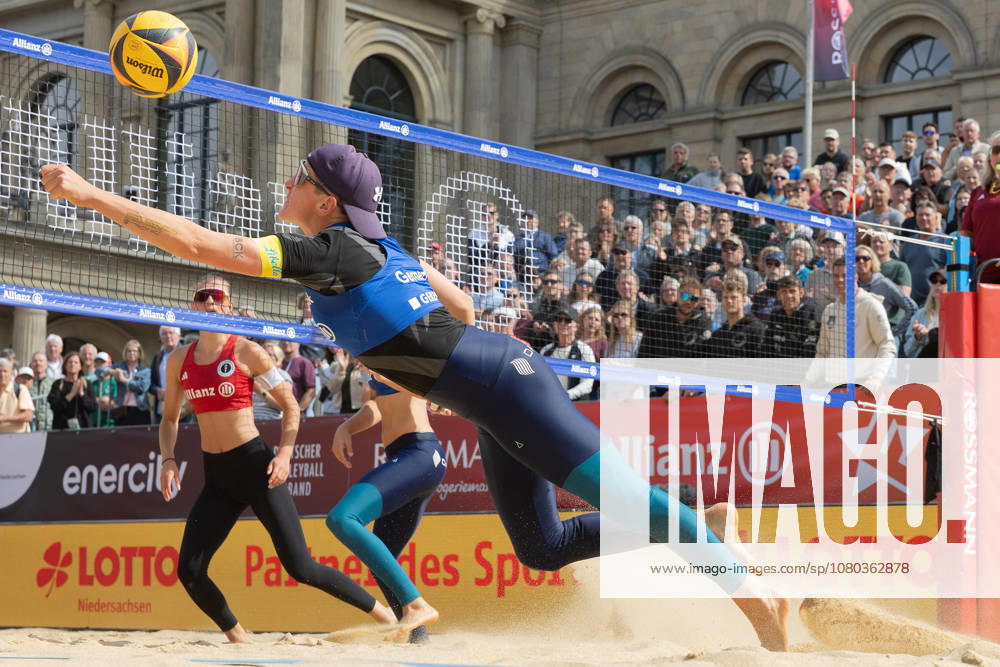 2026 German Beach Volleyball Championships: Melanie Gernert of Kiel in Action; German Beach Volleyball Championships on July 24, 2026, in Hanover; quarterfinal match between 1 Beachclub Kiel and Olympischer Sport Club BW Stuttgart; Hanover, Lower Saxony, Germany; Opernplatz