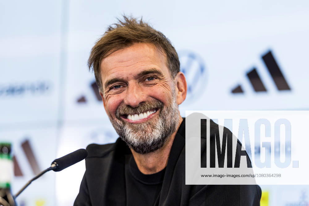 Juergen Klopp (Head Coach Germany) smiling during the press conference, PK, Pressekonferenz to present Juergen Klopp as the new head coach of Germany at DFB Campus on July 24, 2026 in Frankfurt, Germany. Hessen Germany