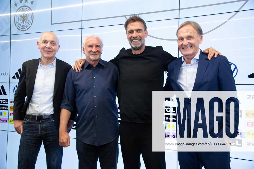 From left: Bernd NEUENDORF (GER), DFB President Rudi VOELLER (GER), DFB Director of Sports, National Team Coach, National Team Head Coach Jürgen KLOPP (GER), Hans Joachim WATZKE, DFB Vice President, DFB press conference to introduce Juergen Klopp as the new national soccer team coach, DFB Campus in Frankfurt on July 24, 2026 Â