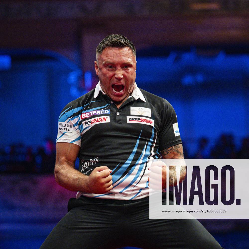 24th July 2026, Winter Gardens, Blackpool, Lancashire, England; 2026 Betfred World Matchplay Darts, Day Seven; Gerwyn Price celebrates winning his quarter final match against Ross Smith GodfreyxPitt