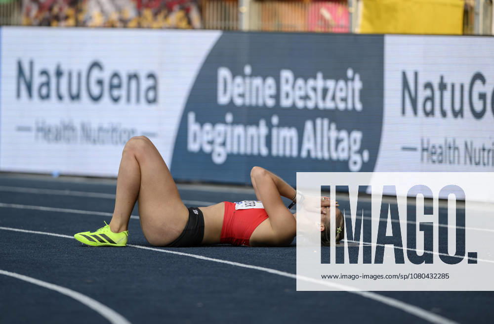 Celebrating the winner, Franziska SCHUSTER, in the 100-meter hurdles final on July 25, 2026, at the German Track and Field Championships held from July 25 to July 26, 2026, in Bochum-Wattenscheid, Germany, at Lohrheidestadion