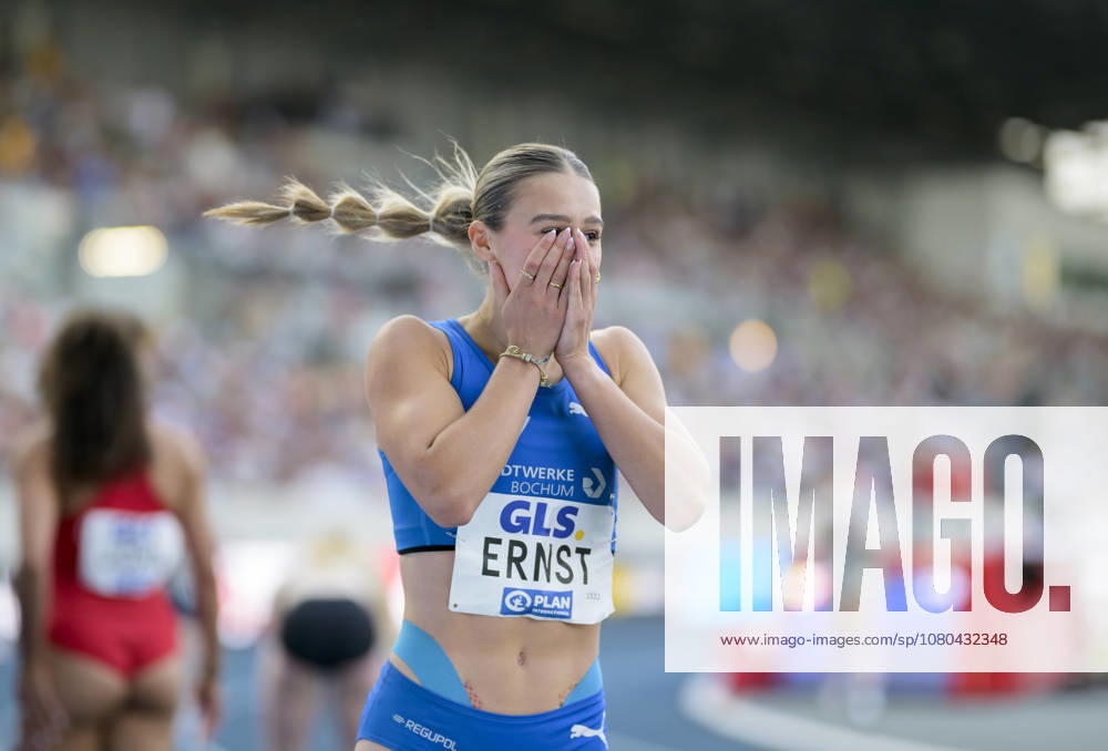 Jolina Ernst, the jubilant winner of the women s 100-meter final on July 25, 2026, at the German Track and Field Championships held from July 25 to July 26, 2026, in Bochum-Wattenscheid, Germany, at Lohrheidestadion