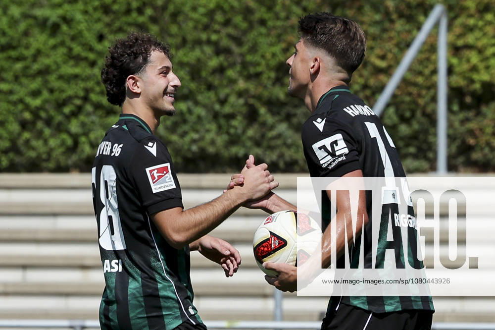 Franz Roggow of Hannover 96 celebrates his goal to make it 1–0 with Taycan Ectibasi of Hannover 96, Friendly match, Hannover 96 vs. SC Preussen Münster, Hemberg Stadium on July 24, 2026, in Iserlohn, Germany Photo by Marco Steinbrenner, DeFodi Images Franz Roggow of Hannover 96 celebrates after scoring his team’s first goal with Taycan Ectibasi Hannover 96, Friendly match, Hannover 96 vs. SC Preussen Münster, Hemberg Stadium, July 24, 2026, in Iserlohn, Germany. Photo by Marco Steinbrenner, DeFodi Images