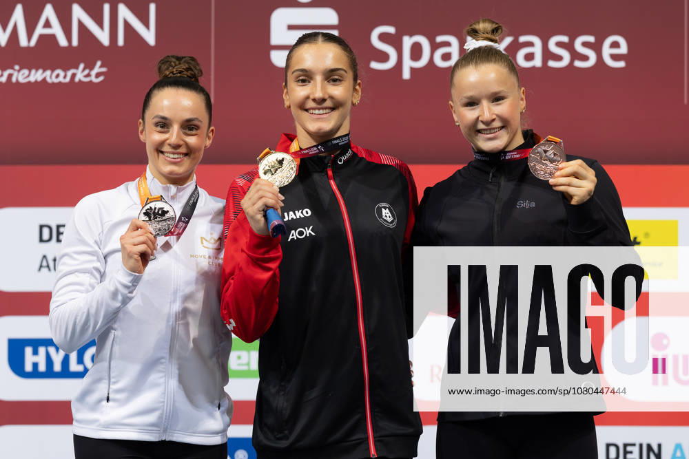 2026 German Artistic Gymnastics Championships, Apparatus Finals; Medal Ceremony for the Women’s Balance Beam Final. From left: Pauline Schäfer Betz (KTV Chemnitz), Helen Kevric (MTV Stuttgart), and Silja Stöhr (SG Heddesheim). German Artistic Gymnastics Championships, Apparatus Finals, on July 26, 2026, at the ZAG Arena in Hanover, Hanover, Lower Saxony, Germany. ZAG Arena