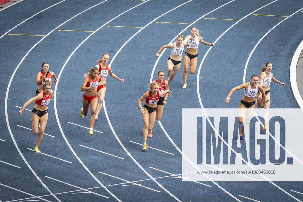 German Track and Field Championships, Bochum-Wattenscheid, July 26, 2026. The relay teams from TSV Bayer 04 Leverkusen, featuring Marlene Meier (TSV Bayer 04 Leverkusen) and Judith Franzen (TSV Bayer 04 Leverkusen), LT DSHS Cologne with Greta Heine (LT DSHS Cologne) and Elena Decker (LT DSHS Cologne) German Track and Field Championships on July 26, 2026, at Lorheide Stadium, Bochum-Wattenscheid, North Rhine-Westphalia