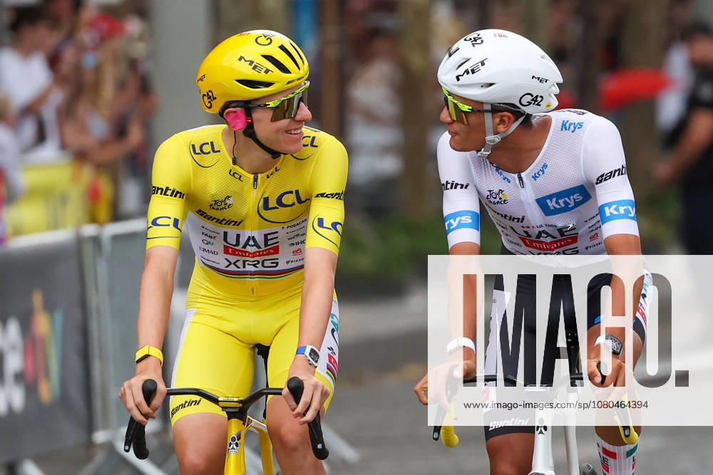 Paris, France: Tadej Pogacar (UAE Team Emirates, XRG, SLO) in the yellow jersey and Isaac Del Toro (UAE Team Emirates, XRG, MEX) in the white jersey on the Champs-Élysées, the start of Stage 21 of the 2026 Tour de France from Thoiry to the Champs-Élysées in Paris on July 26, 2026, in Paris, France