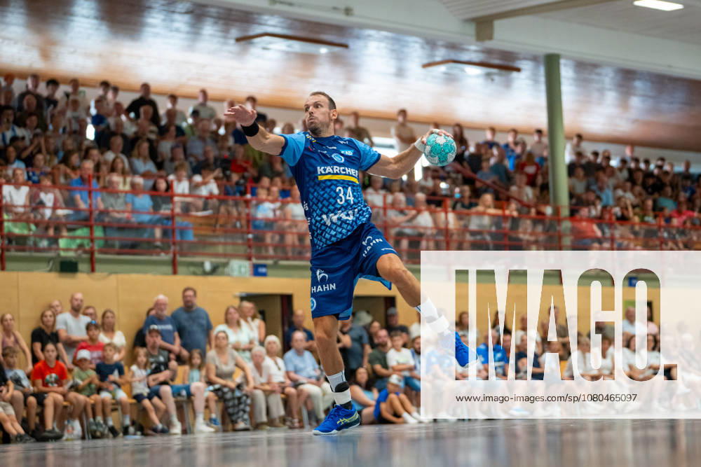 Handball I Men I 2026–2027 Season I Friendly Match I TVB Stuttgart vs. BSV Bern I July 26, 2026 Kai Häfner 34, TVB Stuttgart during a penalty throw at the Gemeindehalle in Bittenfeld, Waiblingen, Baden-Württemberg, Germany