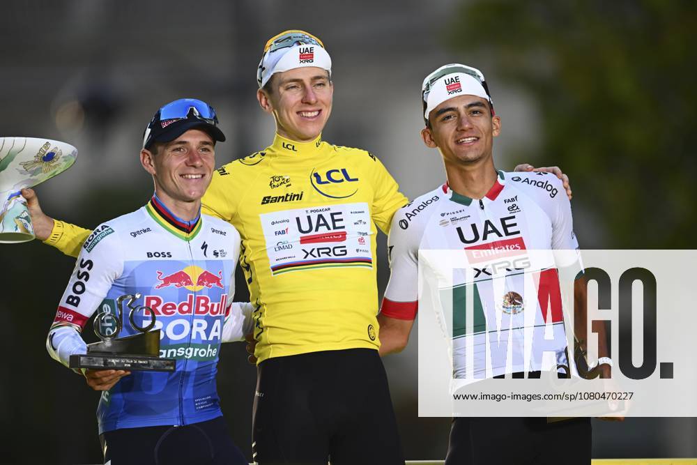 Tour de France 2026 Stage 21 PARIS CHAMPS-ELYSEES, FRANCE - JULY 26 : Pogacar Tadej (SLO) of UAE Team Emirates - XRG, Evenepoel Remco (BEL) of Red Bull - BORA - Hansgrohe, Del Toro Isaac (MEX) of UAE Team Emirates - XRG pictured during the podium ceremony of the 113rd edition of Tour de France an UCI World Tour 2.UWT cycling road race stage for Men Elite of 130 km with start in Thoiry and finish in Paris Champs-Elysees on July 26, 2026 in Paris Champs-Elysees, France, 26 07 2026 Paris Champs-Elysees France