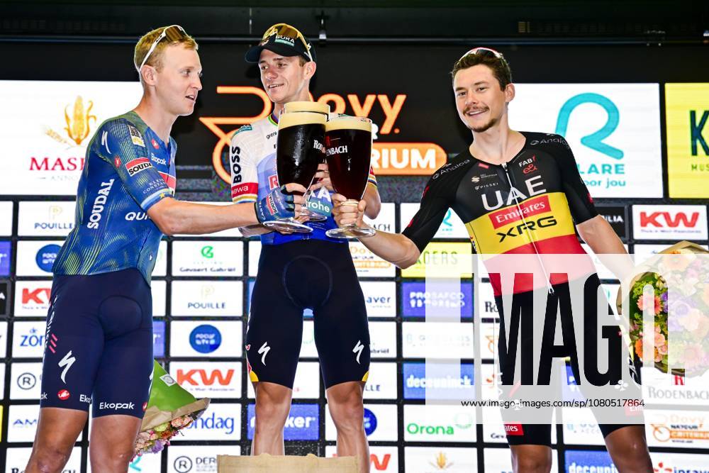 Na-Tourcriterium Roeselare - 28 07 2026 ROESELARE, BELGIUM - JULY 28 : Evenepoel Remco (BEL) of Red Bull BORA Hansgrohe, Herregodts Rune (BEL) of UAE Team Emirates XRG, Merlier Tim (BEL) of Soudal Quick Step on the podium during the post Tour de France criterium of Roeselare on July 28, 2026 in Roeselare, Belgium, 28 07 2026 Roeselare Belgium
