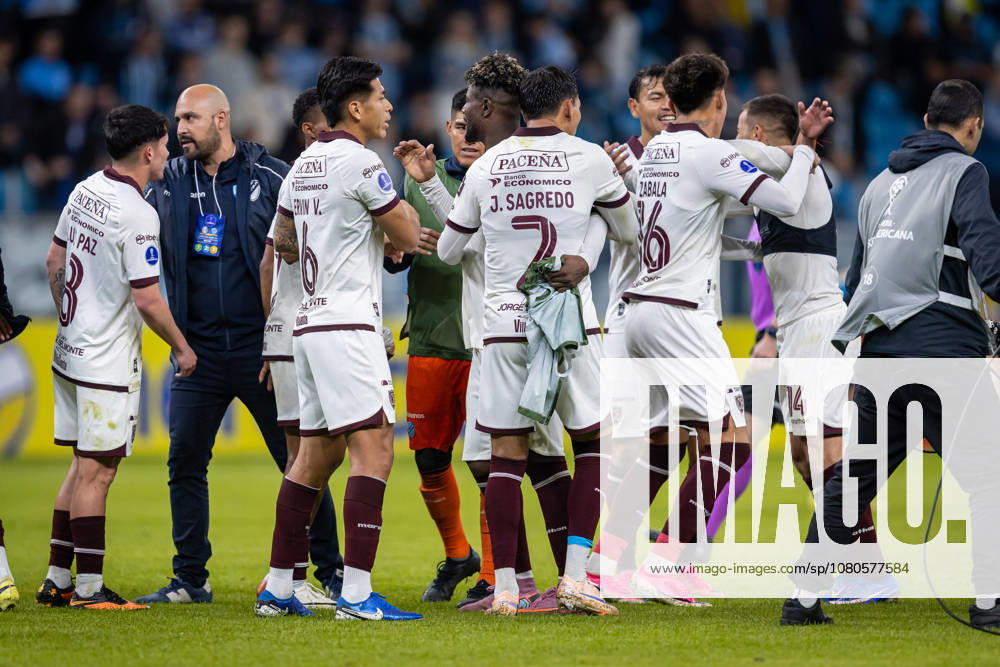 30th July 2026; Arena do Gremio Stadium, Porto Alegre, Brazil; Copa Sudamericana Football, Gremio versus Bolivar; Players of Bolivar celebrates a victory 0-1 RichardxDucker DiaEsportivo