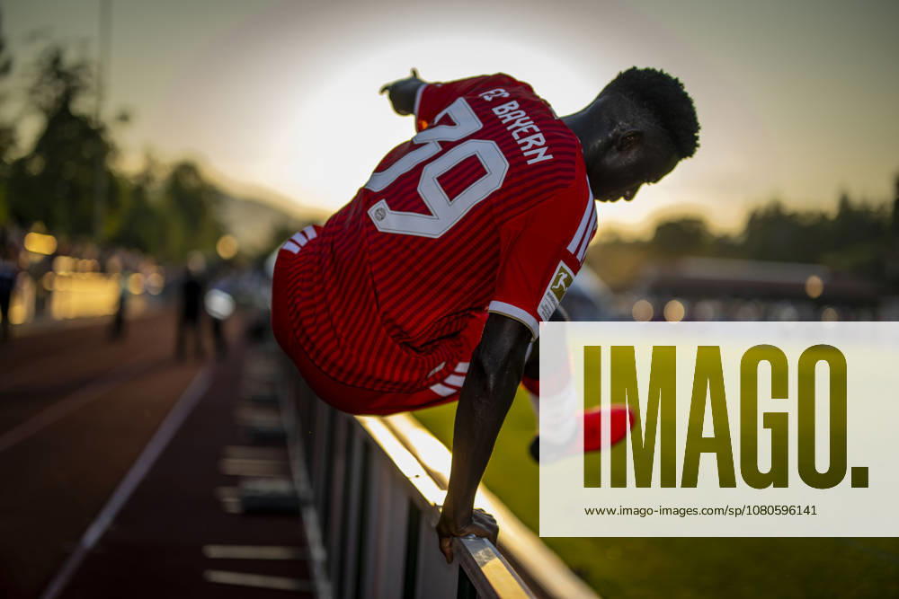 2026–2027 Bundesliga, FC Bayern Munich training camp in Rottach Egern on Lake Tegernsee, Bavaria; friendly match between FC Rottach Egern and FC Bayern Munich; Bara Sapoko Ndiaye; FC Bayern Munich climbs over the barrier