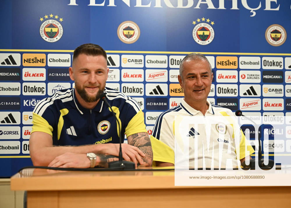 Ahead of Fenerbahce v Sturm Graz - UEFA Champions League ISTANBUL, TURKIYE - AUGUST 3: Milan Skriniar and Head Coach Ismail Kartal of Fenerbahce attend a press conference, PK, Pressekonferenz at Can Bartu Training Facility ahead of first leg of the UEFA Champions League third qualifying round match against Sturm Graz in Istanbul, Turkiye on August 3, 2026. Saffet Azak Anadolu Istanbul Turkey. Editorial use only. Please get in touch for any other usage.