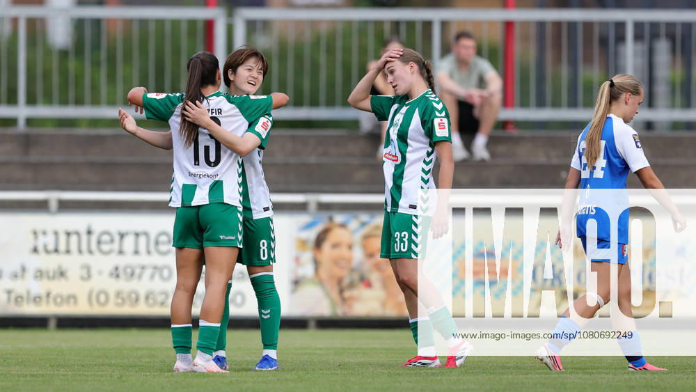 From left: Luna Vanzeir (SV Werder Bremen, 13), goal scorer Mei Shimada (SV Werder Bremen, 8), and Maria Penner (SV Werder Bremen, 33) celebrating the goal, celebration, cheering, celebrating, optimistic, game action, highlight, joy over the 1-0 goal, August 4, 2026, Herzlake, Germany, soccer, women’s friendly, SV Werder Bremen vs. AZ Alkmaar