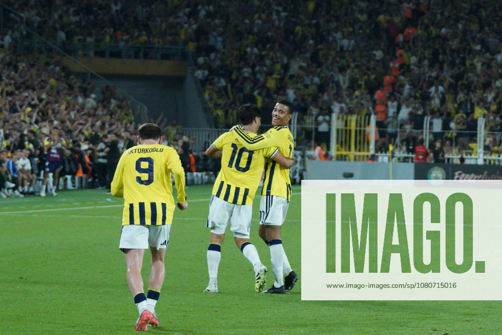 Mason Greenwood (R) and Fenerbahce players celebrates after scores a goal during the UEFA Champions League third qualifying round match between Fenerbahce and Sturm Graz at the Chobani Stadium, Fenerbahce Sukru Saracoglu Sports Complex in Istanbul, Turkey, on August 5, 2026. Kadikoy Turkey - ZUMAu194 20260805_zip_u194_008