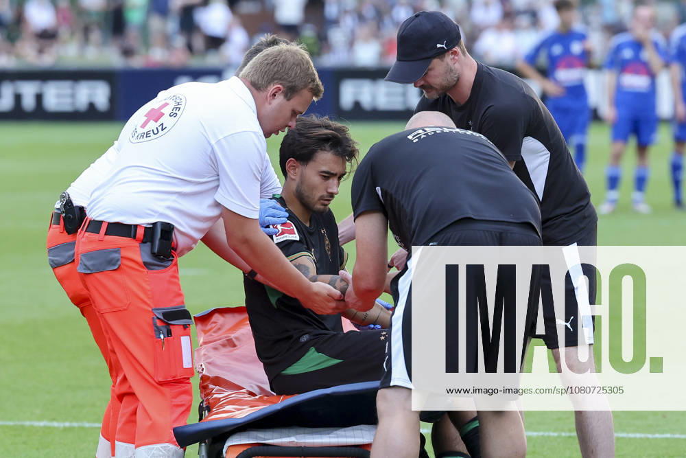 Jens Castrop of Borussia Mönchengladbach sits injured on a stretcher and is then taken to a hospital during the friendly match between FC Rottach Egern and Borussia Mönchengladbach at Birkenmoos Stadium on August 5, 2026, in Rottach Egern, Germany. Photo by Marco Steinbrenner, DeFodi Images. Jens Castrop of Borussia Mönchengladbach is sitting on a stretcher, injured, and is then taken to the hospital during the friendly match between FC Rottach Egern and Borussia Mönchengladbach at Stadion Birkenmoos on August 5, 2026 in Rottach Egern, Germany. Photo by Marco Steinbrenner, DeFodi Images. Photo by Marco Steinbrenner, DeFodi Images.