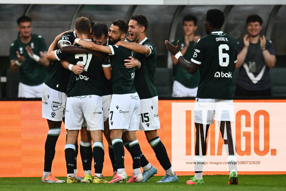 FK Jablonec soccer players celebrate a goal during the Football European Conference League 3rd qualifying round match FK Jablonec vs RFS Riga on August 6, 2026, in Jablonec nad Nisou, Czech Republic. (CTKxPhoto RadekxPetrasek) CTKPhotoP2026080606463 CTKPhotoP2026080606463