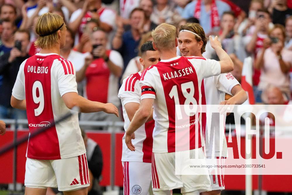 AMSTERDAM , 06-08-2026, Johan Cruijff ArenA , season 2026 2027 , UEFA Conference League play-off football . Match between Ajax and Shelbourne FC , Picture shows Ajax celebrating the 1-0 of Ajax player Mika Godts, Ajax player Kasper Dolberg, Ajax player Oscar Gloukh, Ajax player Davy Klaassen Ajax - Shelbourne x205489022x