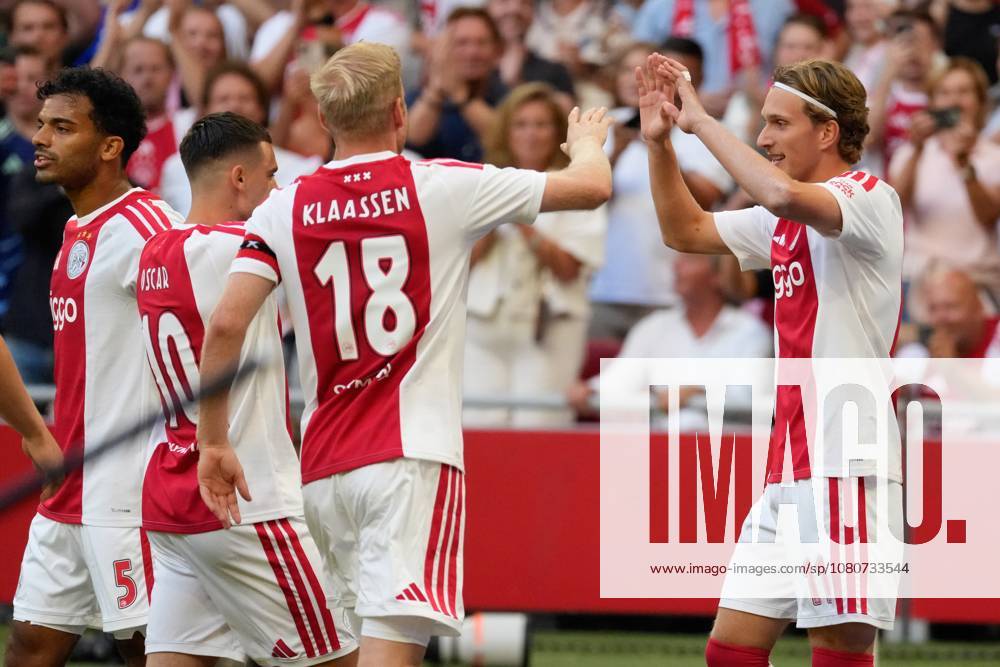 AMSTERDAM , 06-08-2026, Johan Cruijff ArenA , season 2026 2027 , UEFA Conference League play-off football . Match between Ajax and Shelbourne FC , Picture shows Ajax player Davy Klaassen, Ajax player Mika Godts celebrating the 1-0 Ajax - Shelbourne x205489024x