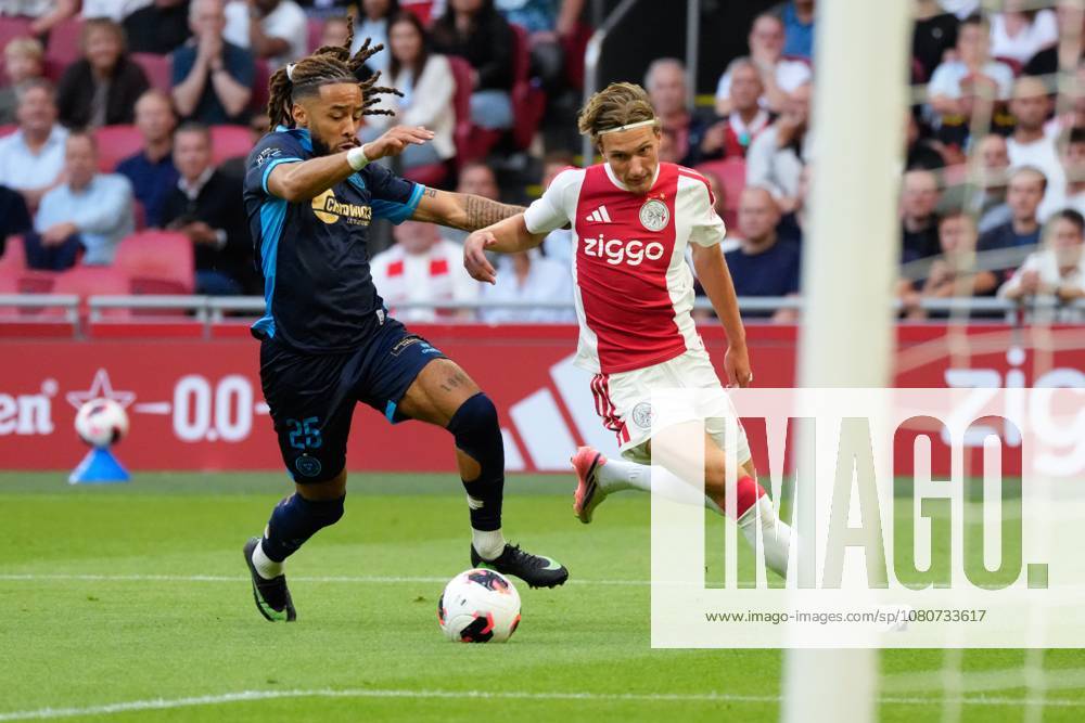 AMSTERDAM , 06-08-2026, Johan Cruijff ArenA , season 2026 2027 , UEFA Conference League play-off football . Match between Ajax and Shelbourne FC , Picture shows Ajax player Mika Godts Ajax - Shelbourne x205489058x