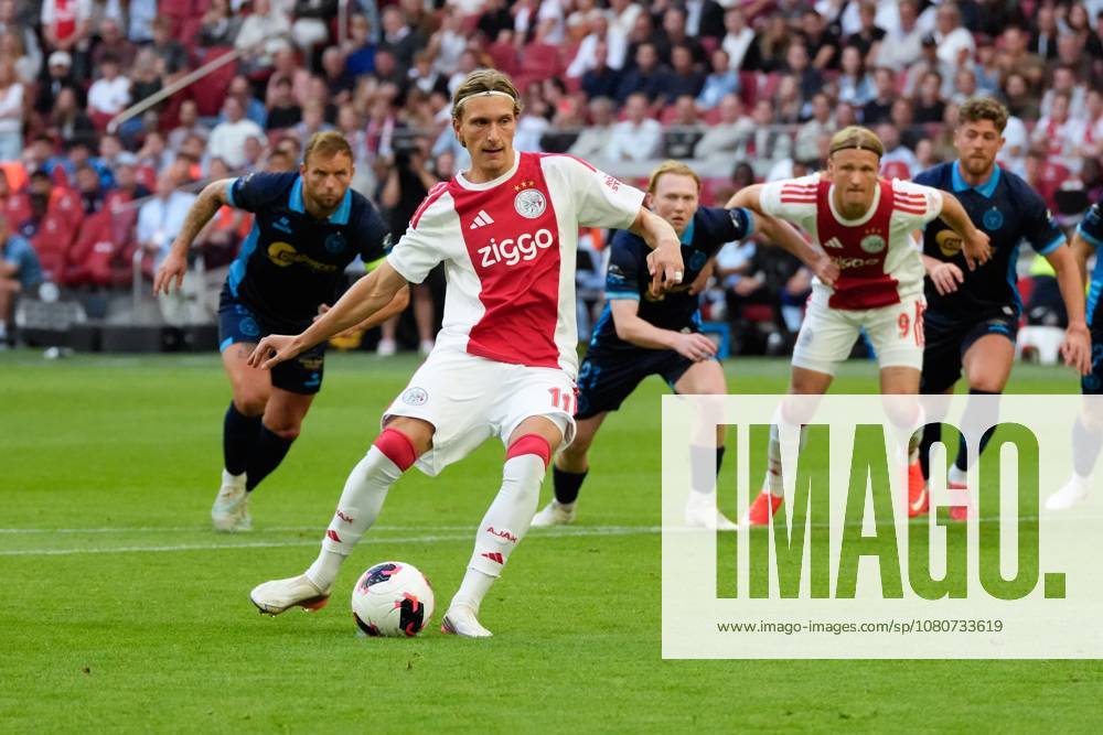 AMSTERDAM , 06-08-2026, Johan Cruijff ArenA , season 2026 2027 , UEFA Conference League play-off football . Match between Ajax and Shelbourne FC , Picture shows Ajax player Mika Godts scoring the 1-0 Ajax - Shelbourne x205489061x