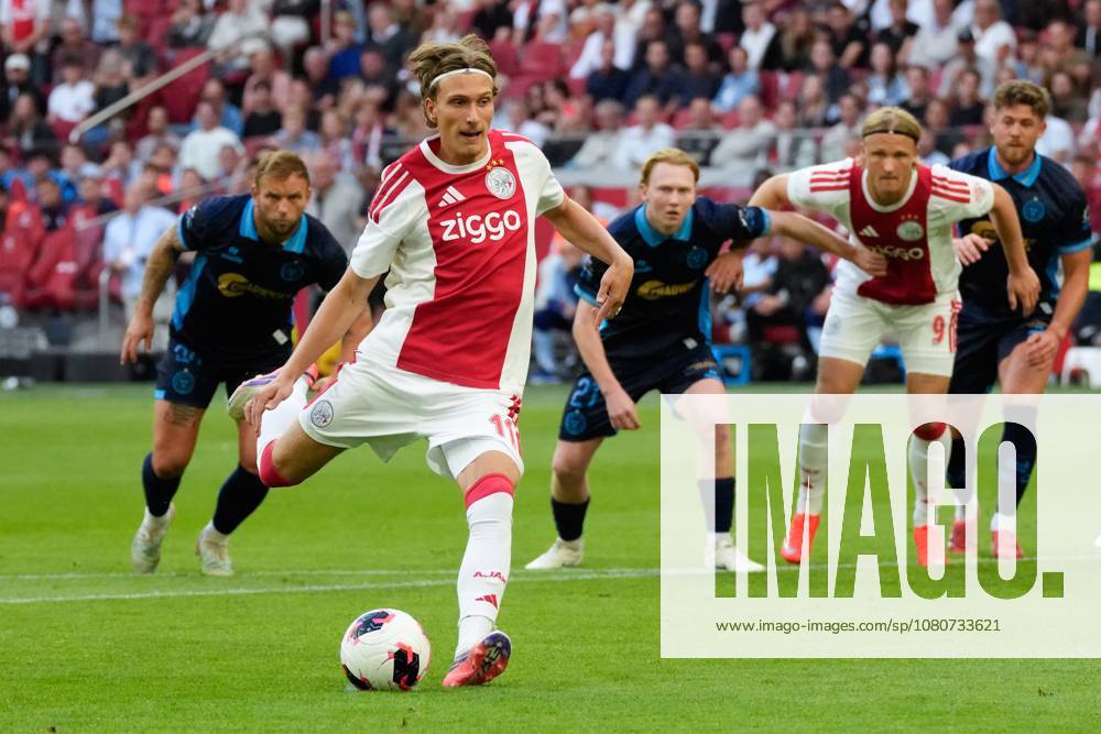 AMSTERDAM , 06-08-2026, Johan Cruijff ArenA , season 2026 2027 , UEFA Conference League play-off football . Match between Ajax and Shelbourne FC , Picture shows Ajax player Mika Godts scoring the 1-0 Ajax - Shelbourne x205489063x
