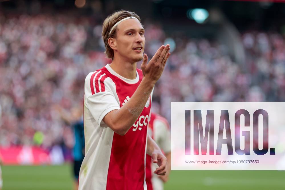 AMSTERDAM , 06-08-2026, Johan Cruijff ArenA , season 2026 2027 , UEFA Conference League play-off football . Match between Ajax and Shelbourne FC , Picture shows Ajax player Mika Godts celebrating the 1-0 Ajax - Shelbourne x205489077x