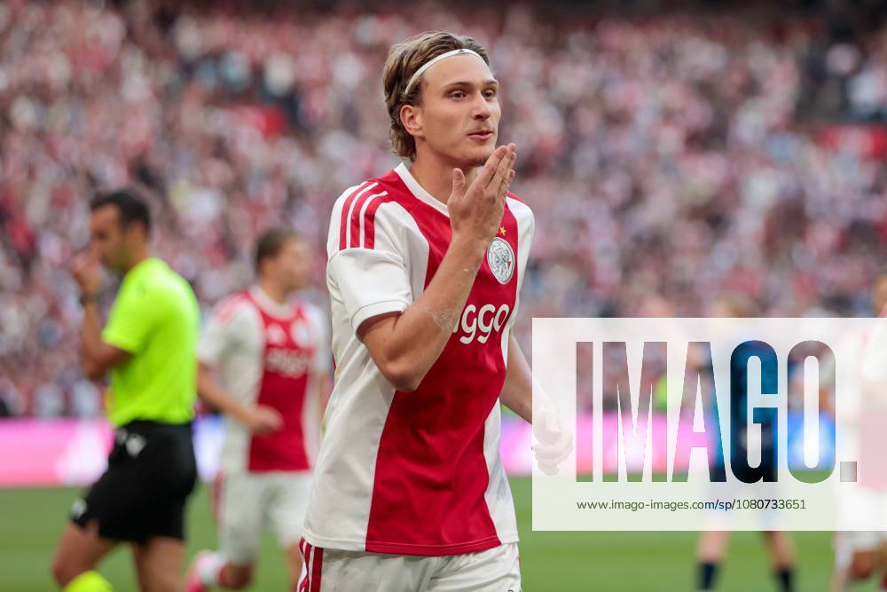 AMSTERDAM , 06-08-2026, Johan Cruijff ArenA , season 2026 2027 , UEFA Conference League play-off football . Match between Ajax and Shelbourne FC , Picture shows Ajax player Mika Godts celebrating the 1-0 Ajax - Shelbourne x205489079x