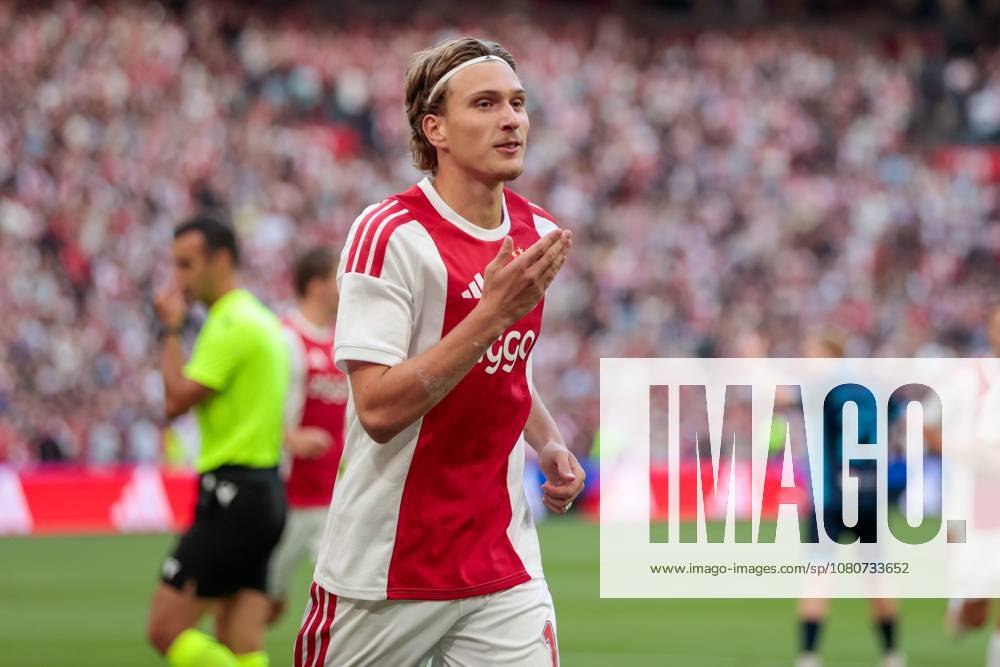AMSTERDAM , 06-08-2026, Johan Cruijff ArenA , season 2026 2027 , UEFA Conference League play-off football . Match between Ajax and Shelbourne FC , Picture shows Ajax player Mika Godts celebrating the 1-0 Ajax - Shelbourne x205489081x