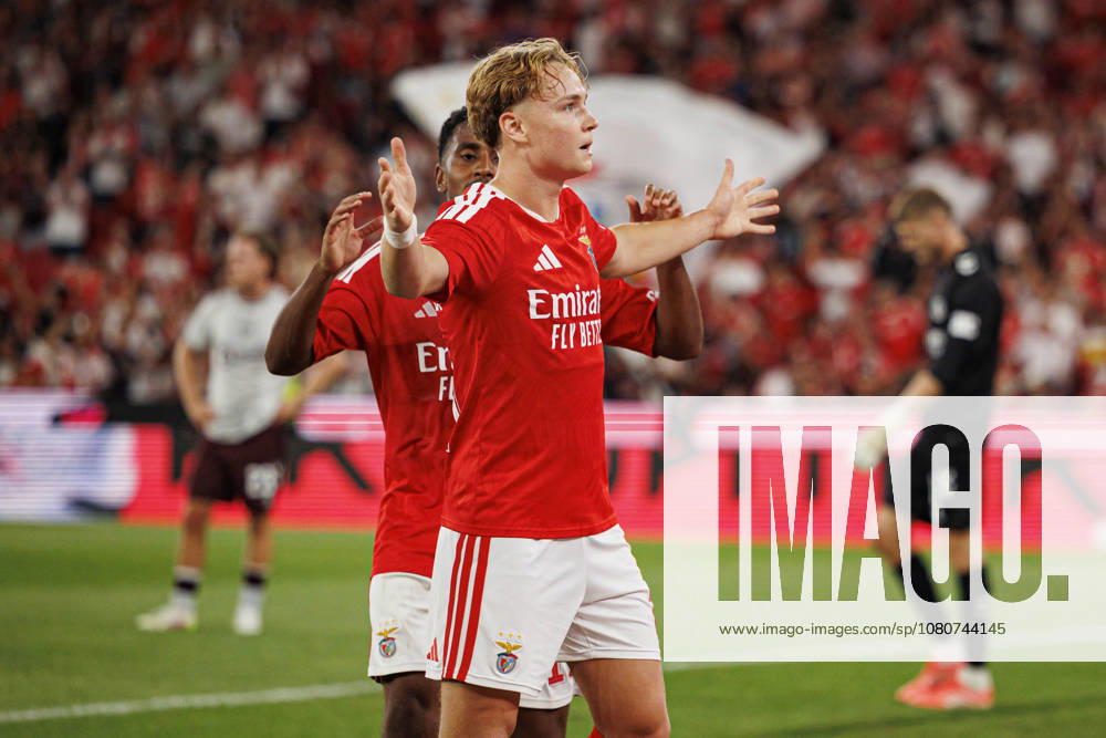 Andreas Schjelderup (SL Benfica) seen celebrating after scoring a goal during the UEFA Europa League third round qualifying game between teams of SL Benfica and Heart of Midlothian FC at Estadio Da Luz. Final score; SL Benfica 6:1 Heart of Midlothian FC Lisbon Portugal - ZUMAs197 20260806_aaa_s197_178