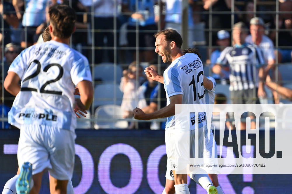 Michael EBERWEIN of 1860 Munich celebrates after scoring the 1-0 goal; celebration, joy, excitement,Action: Soccer, Bavarian Regional League, 2026–2027 season, Matchday 26–27, 3, TSV 1860 Munich vs. FC Augsburg II, 2–2 on August 7, 2026, in Munich at Grünwalder Stadion