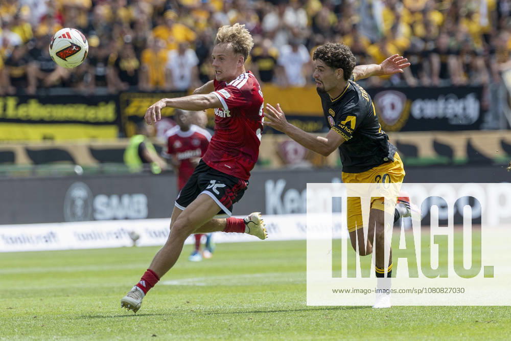 From left to right: Tim Janisch of 1. FC Nuremberg and Ben Bobzien of Dynamo Dresden, in the 2. Bundesliga match between 1. FC Nuremberg and Dynamo Dresden at the Max Morlock Stadium, Nuremberg, Germany, on August 9, 2026, in action during the 2nd Bundesliga match between 1 FC Nuremberg and Dynamo Dresden at the Max Morlock Stadium, Nuremberg, Germany, on August 9, 2026. DFB and DFL regulations prohibit any use of photographs as image sequences and or quasi-video,