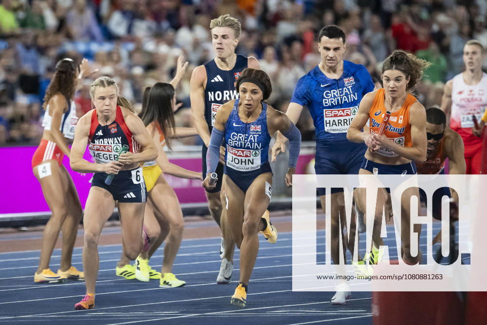 BIRMINGHAM, GREAT BRITAIN - AUGUST 10, 2026 : 4x400m mixed with Henriette JÆGER (NOR Norway), Yemi Mary JOHN (GBR Great Britain) and competing during the European Athletics Championships at Alexander Stadium on August 10, 2026 in Birmingham, Great Britain. Nordrhein-Westfalen Great Britain