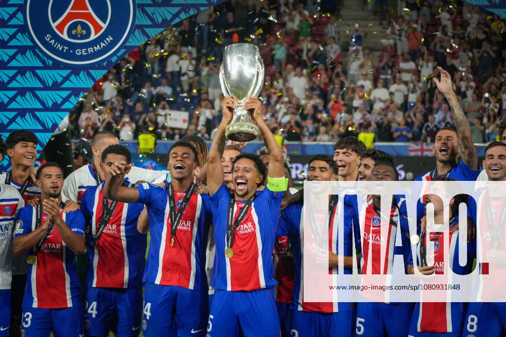 Soccer Austria UEFA Super Cup 2026 Final, August 12, 2026 Paris Saint-Germain (PSG), France vs. Aston Villa FC, England Salzburg Stadium, Salzburg, Austria Award Ceremony, Trophy Presentation, Cheers and joy from the Paris Saint-Germain players, emotional celebrations with confetti after winning the 2026 UEFA Super Cup; Marquinhos holding the trophy