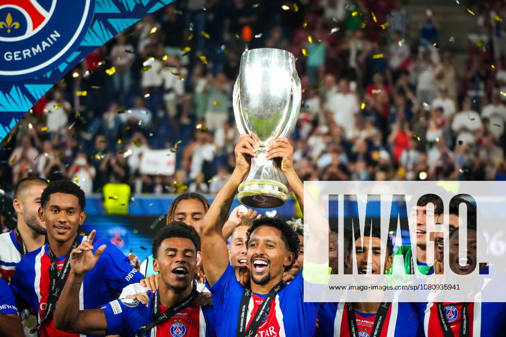 Soccer Austria 2026 UEFA Super Cup Final, August 12, 2026 Paris Saint-Germain (PSG) France vs. Aston Villa FC England Salzburg Stadium, Salzburg, Austria Marquinhos of Paris Saint-Germain hoists the trophy Trophy presentation for the winning team, Super Cup champion
