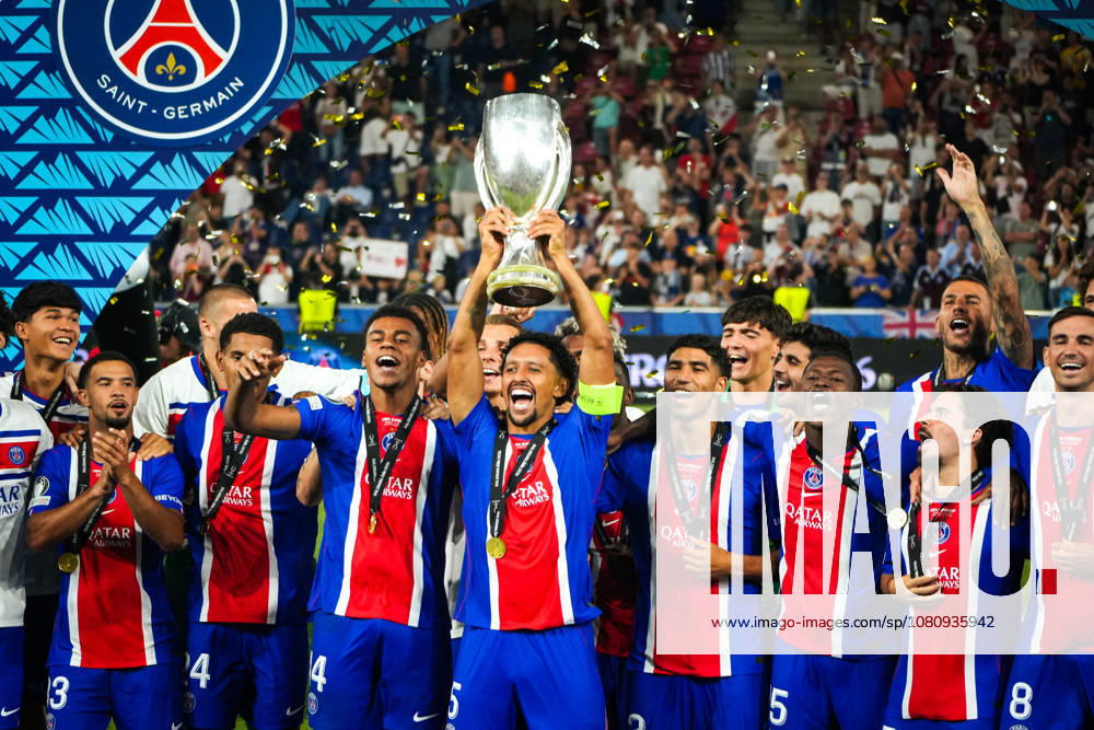 Soccer Austria 2026 UEFA Super Cup Final, August 12, 2026 Paris Saint-Germain (PSG) France vs. Aston Villa FC England Salzburg Stadium, Salzburg, Austria Marquinhos of Paris Saint-Germain hoists the trophy Trophy presentation for the winning team, Super Cup champion